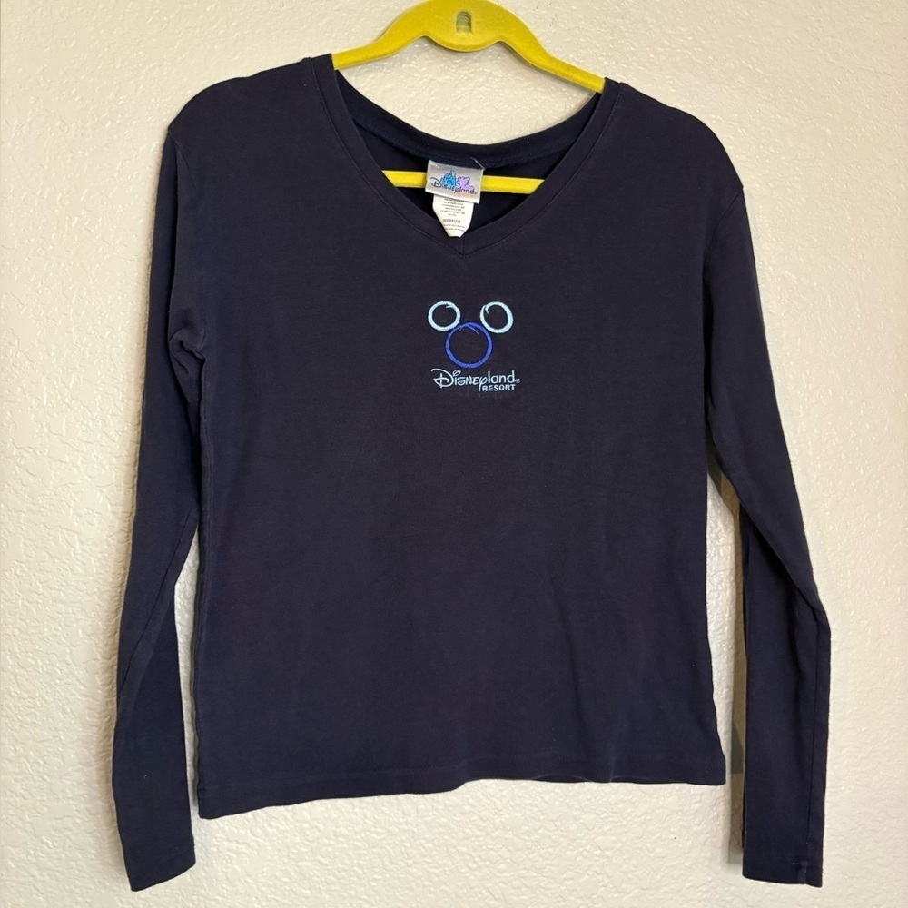 VTG Y2K Disneyland Resort Embroidery T Shirt V Neck Long Sleeves Womens' Med
